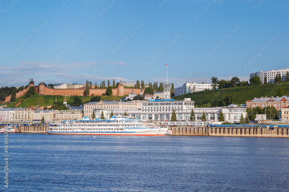 Nizhny Novgorod Kremlin, river station and two passenger ships at the pier in the city of Nizhny Novgorod