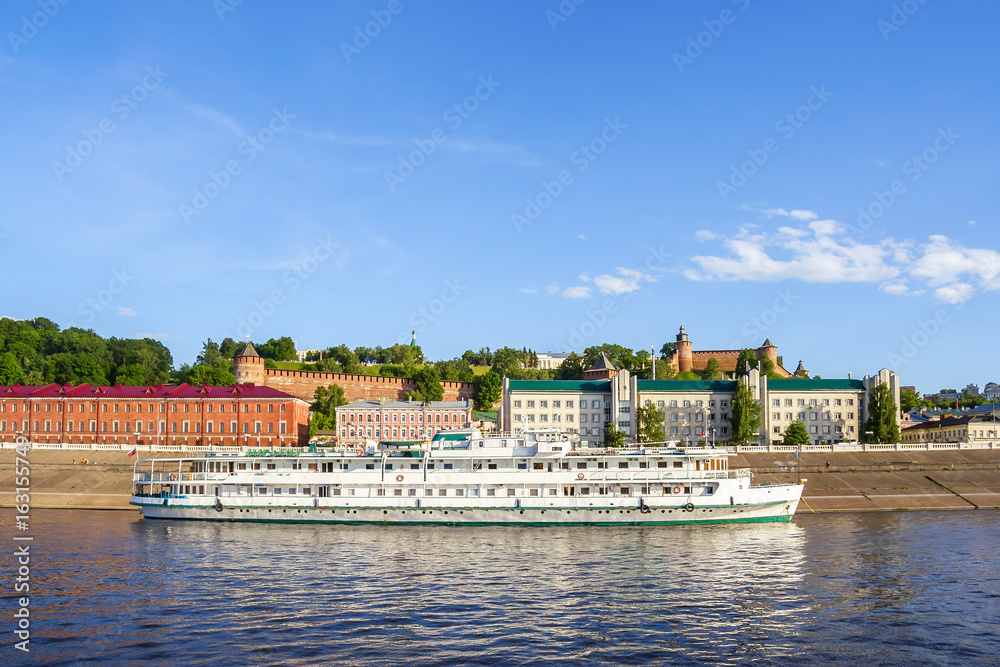 Passenger river boat on the quay in the city of Nizhny Novgorod
