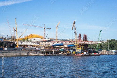 Construction of "Floating pedestrian Bridge" Zaryadye park, in front of the Moscow Kremlin Russia