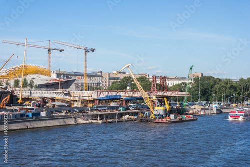 Construction of "Floating pedestrian Bridge" Zaryadye park, in front of the Moscow Kremlin Russia