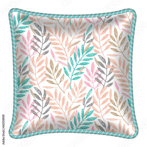 Decorative throw pillow with leaves pattern applied. Patterned cushion. Tropical leaves foliage pattern. Vector illustration.