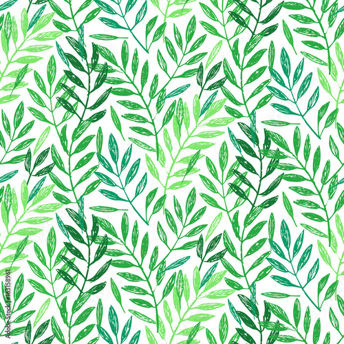 Tropical palm leaves, seamless foliage pattern. Vector illustration. Tropical jungle palm tree background. Green leaves