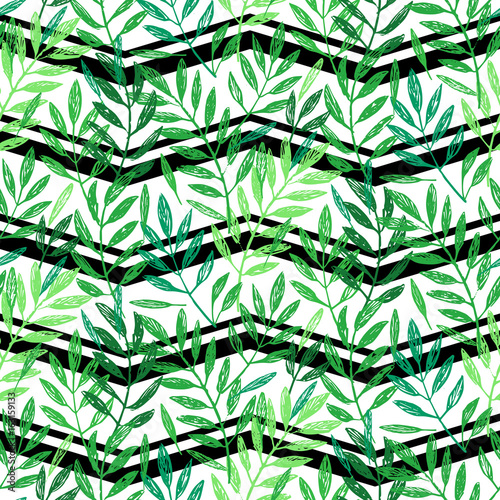 Tropical palm leaves, seamless foliage pattern. Vector illustration. Jungle palm tree background. Green tropical palm leaves on black and white chevron background.