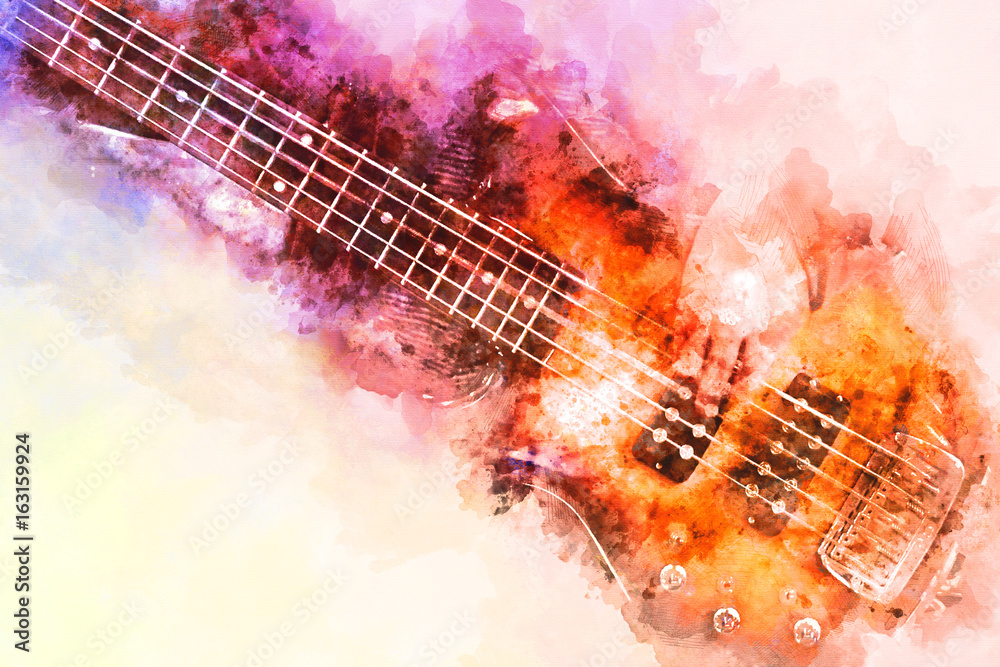 Obraz premium Abstract colorful playing guitar on watercolor illustration painting background, Digital watercolor painting