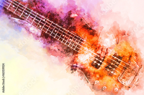 Abstract colorful playing guitar on watercolor illustration painting background, Digital watercolor painting