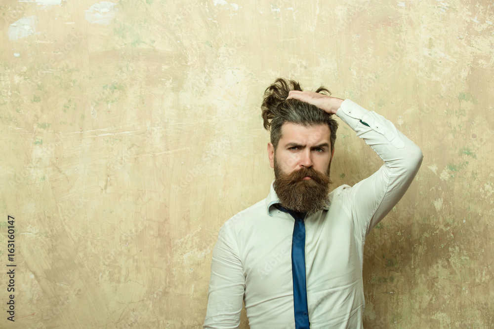 bearded man or hipster with long beard on serious face bearded man or hipster with long beard on serious face