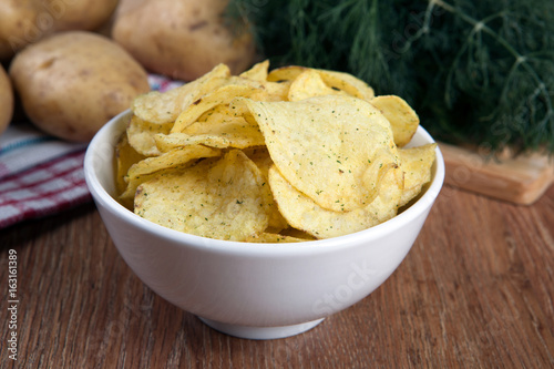 still life from a glass bowl with potato chips