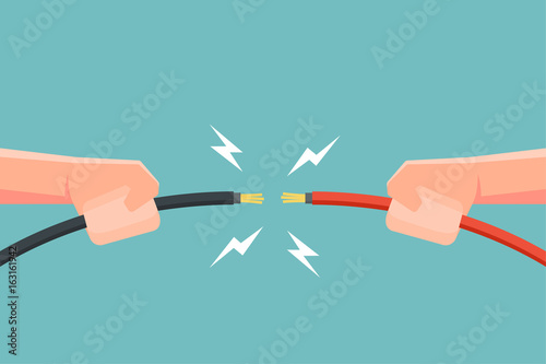 Hands holding electric cable with electricity spark. Vector illustration.