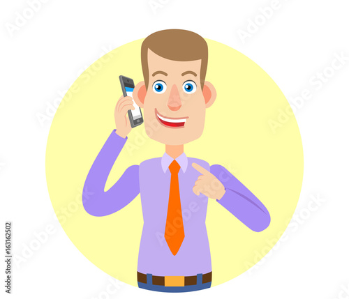 Businessman pointing his finger at the mobile phone that he talks