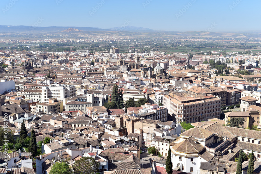 Granada City aerial view viewpoint overview taken from Alhambra Palace, Spain