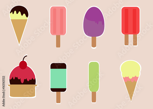 Tasty colorful ice cream set. Collection ice-cream cones and Popsicle with different topping isolated on white background. Vector illustration for web design or print