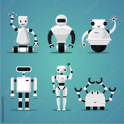 Friendly robots collection. Futuristic design. Electronic toys set.