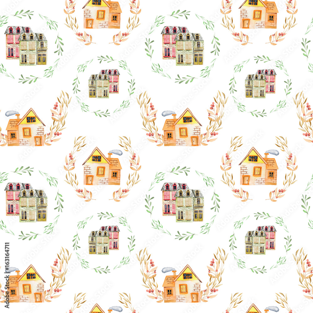 Seamless pattern with watercolor english cartoon houses inside the floral wreaths, hand painted isolated on a white background