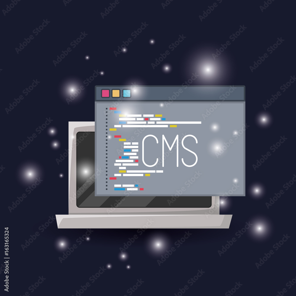 blue dark background with brightness of laptop and program window cms programming language vector illustration