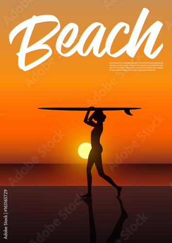 Side view silhouette of beautiful sexy surfer girl in bikini holding surfboard above her head on the beach at sunset. Sunset beach landscape. Beach holiday poster. Vector Illustration
