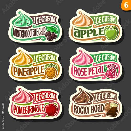 Vector set of fruit Ice Cream labels: 6 logos of different flavor italian icecream dessert, six art icons with title - ice cream, on black background, soft mixed gelato ice cream served of swirl cone.