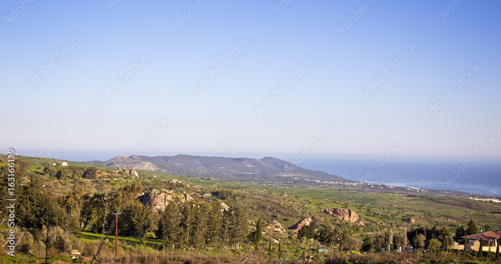 Panoramic view over Laatchi to the Akamas Peninsula and the Mediterranean Sea from Droushia, Paphos, Cyprus.