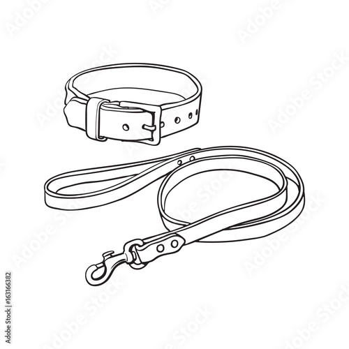 Simple pet, cat, dog buckle collar and leash made of thick brown leather, black and white sketch style vector illustration isolated on white background.