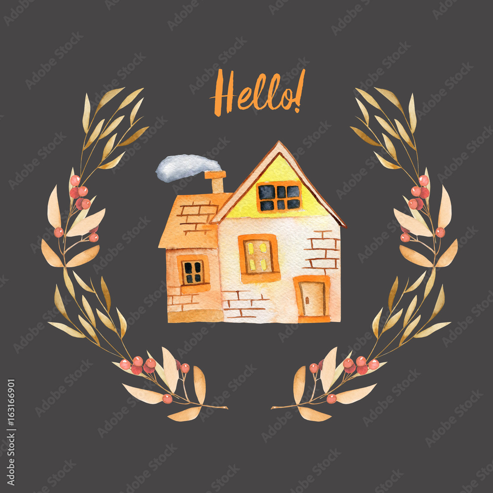 Watercolor cartoon private house inside floral wreath in autumn shades,  hand painted isolated on a dark background Stock Illustration | Adobe Stock