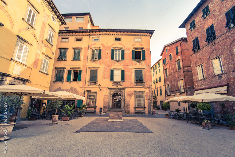 Restaurants on historic streets of Lucca,Tuscany,Italy