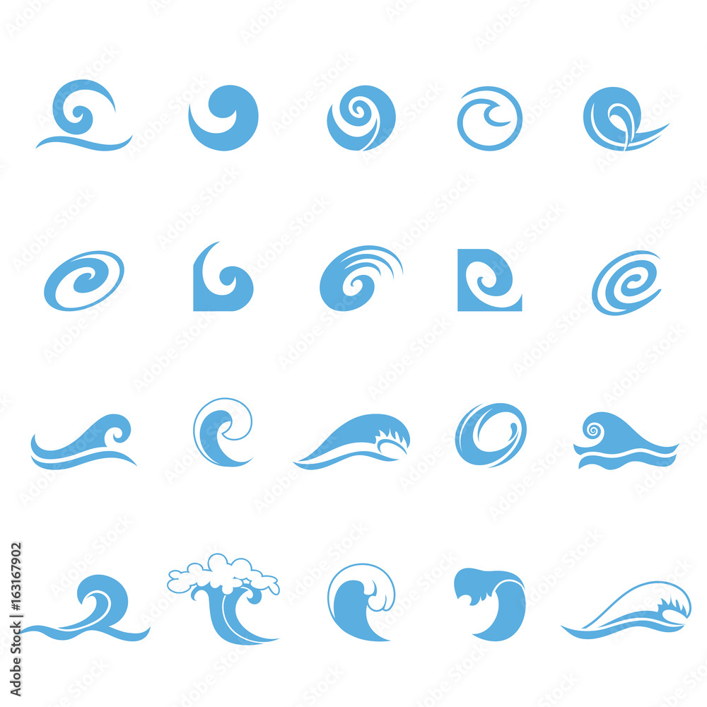 Vector blue wave icons set on white background. Water waves Vector blue wave icons set on white background. Water waves