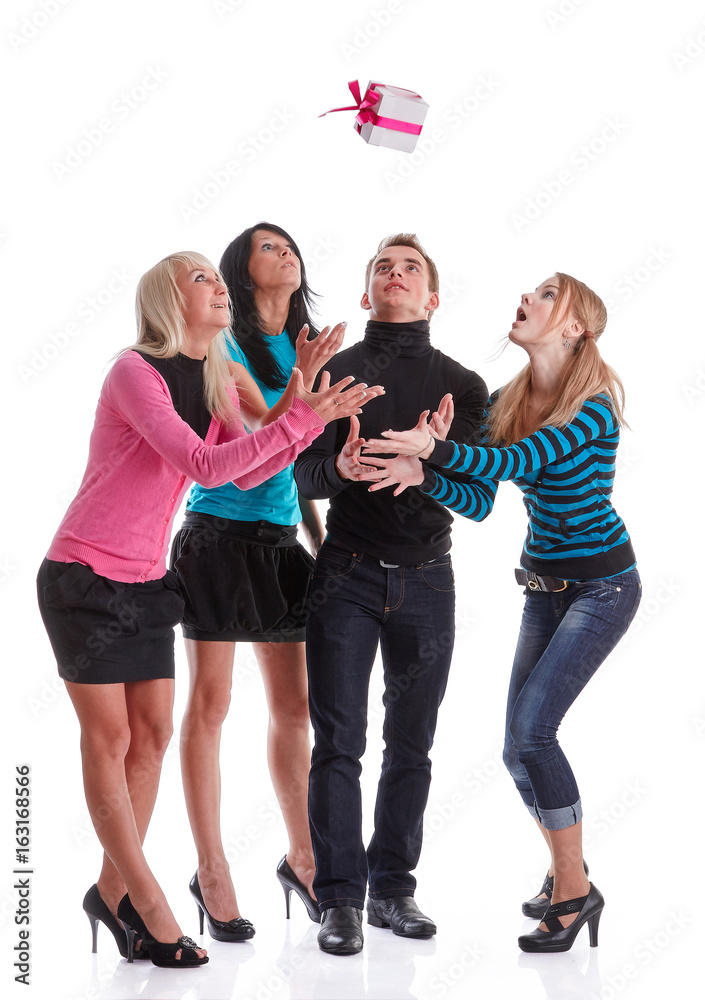 Fototapeta premium Happy people catches a gift box