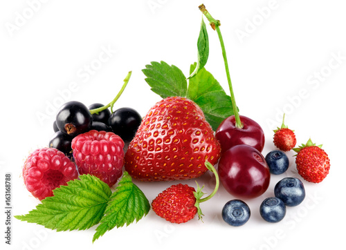 Fototapeta Naklejka Na Ścianę i Meble -  Organic berry fruity mix with green leaf. Healthy food fresh