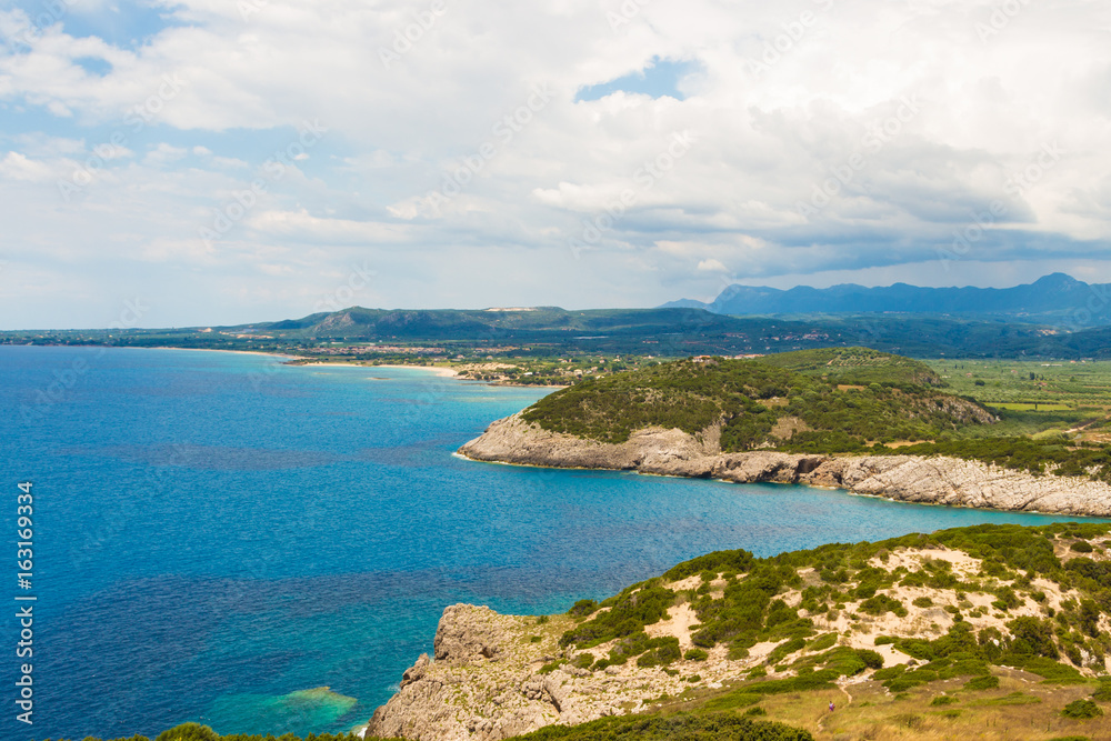 Entrance to lagoon of Voidokilia near Pylos town from a high point of view, Messenia, Greece