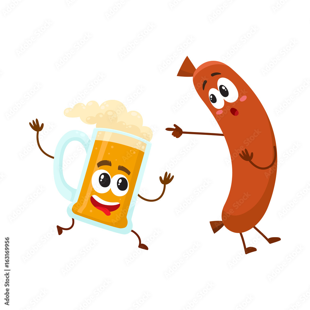 Funny beer mug and frankfurter sausage characters having fun together,  cartoon vector illustration isolated on white background. Funny smiling beer  mug character running after sausage poiting to it Stock Vector | Adobe