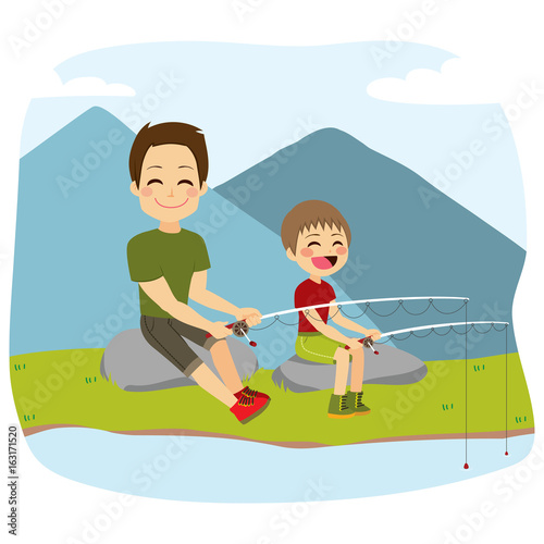 Young cute father and son fishing with fishing-rod together on lake
