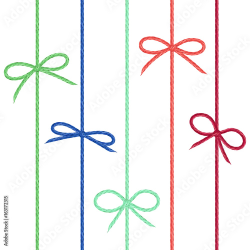 Vector set of colored linen string bows. Cute ribbons from hand drawn realistic flax cord colored in blue, red and green.