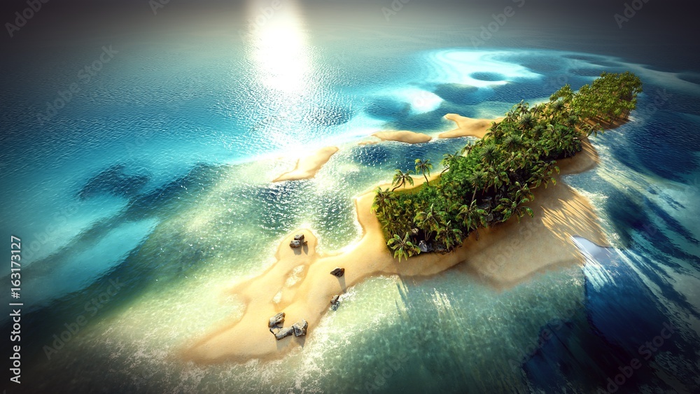 Small tropical island in Maldives atoll from aerial view 3d