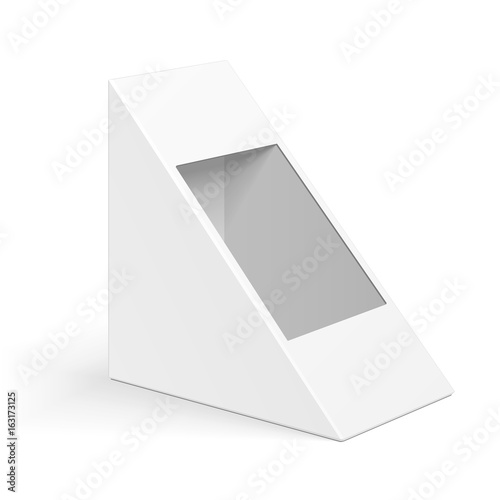 White Cardboard Triangle Box Packaging For Sandwich, Food, Gift Or Other Products. Illustration Isolated On White Background. Mock Up Template Ready For Your Design. Product Packing Vector EPS10