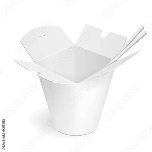Asian, Chinese, Thai, Korean Cardboard Food Tub Box, Chopsticks. Udon, Rice, Kimchi, Crystal, Glass Noodles. Illustration Isolated On White Background. Mock Up Template Ready For Your Design. Vector.