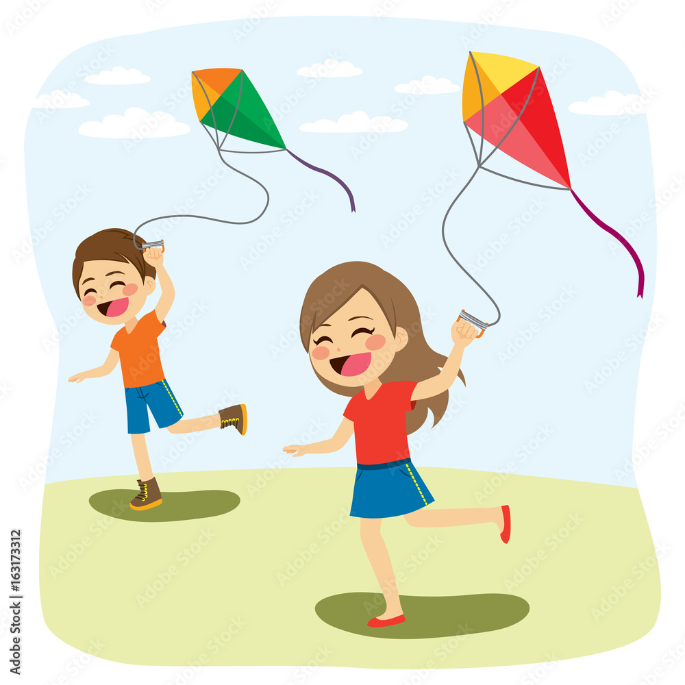 Cute young children friends playing and flying colorful kite over blue sky Cute young children friends playing and flying colorful kite over blue sky
