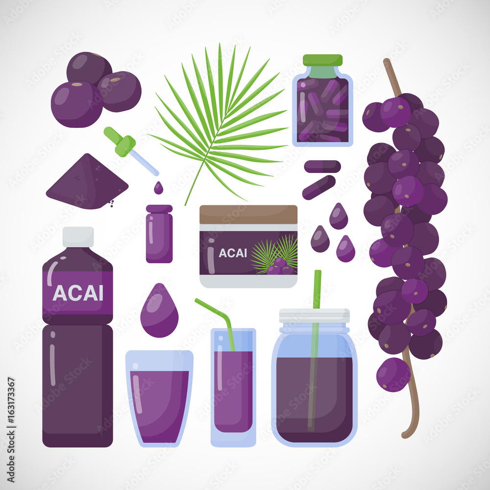 Acai berries vector flat icons set