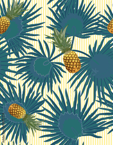 Fototapeta Naklejka Na Ścianę i Meble -  Tropical seamless pattern with pineapples, exotic palm leaves on dark background.