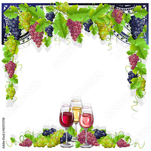 Vintage frame with wine and grapes