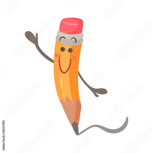 Cute smiling cartoon humanized pencil character vector Illustration