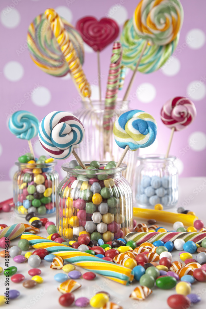 Lollipops and sweet candies of various colors 