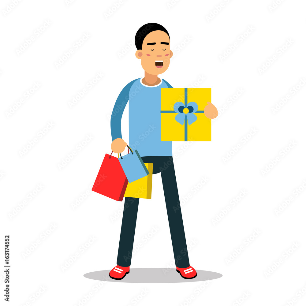 Young man standing with yellow gift box and purchases cartoon character vector Illustration Young man standing with yellow gift box and purchases cartoon character vector Illustration