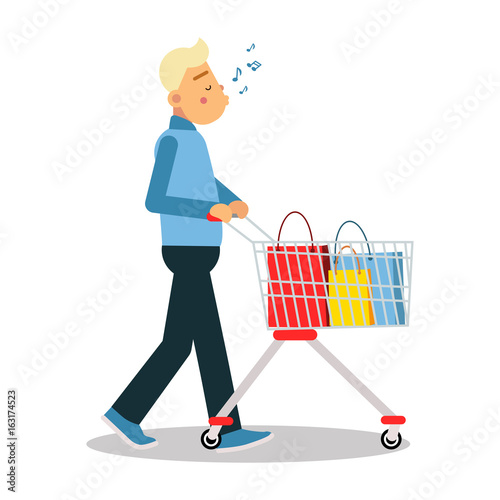 Young blonde man in casual clothes walking with a shopping cart and a whistling a tune cartoon character vector Illustration