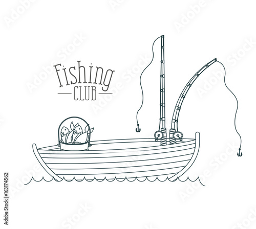 monochrome sketch silhouette boat fishing club and bucket full with fish vector illustration