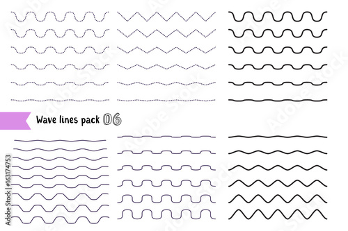 Vector big set of wavy - curvy and zigzag - criss cross horizontal lines with different bend. Graphic design elements variation dotted line and solid line.
