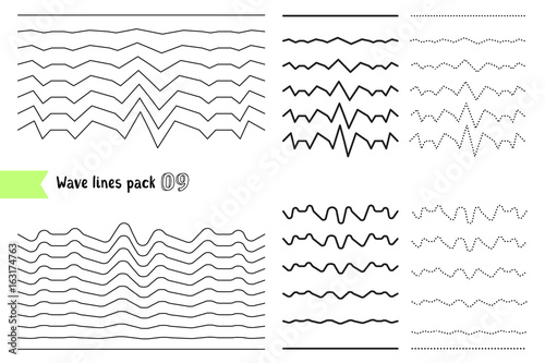 Vector collection of different wave with a very strong vibration amplitude. Wave line for design of decorative border, divider.