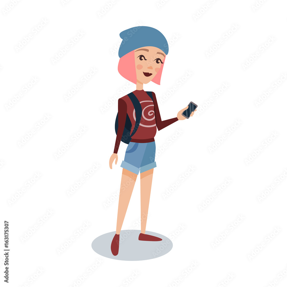 Fashionable female student with pink hair standing and holding a mobile phone cartoon character vector Illustration Fashionable female student with pink hair standing and holding a mobile phone cartoon character vector Illustration