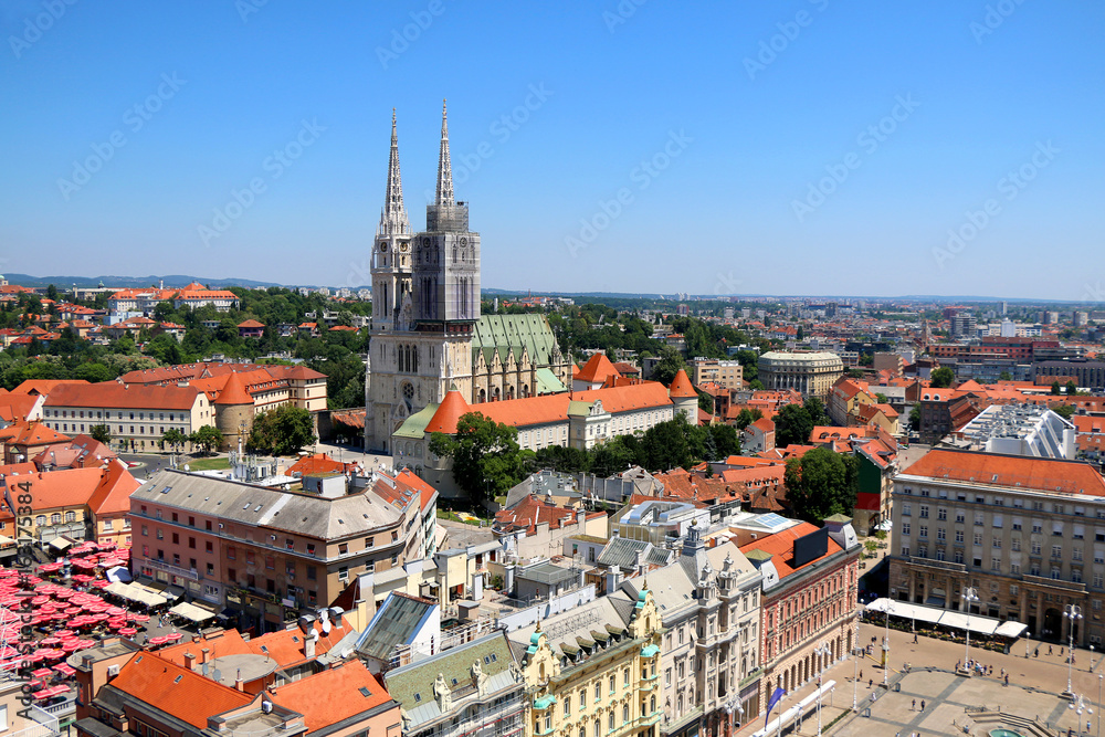 Zagreb city centre with The Cathedral of the Assumption, Ban Jelacic Square and Dolac Market. 