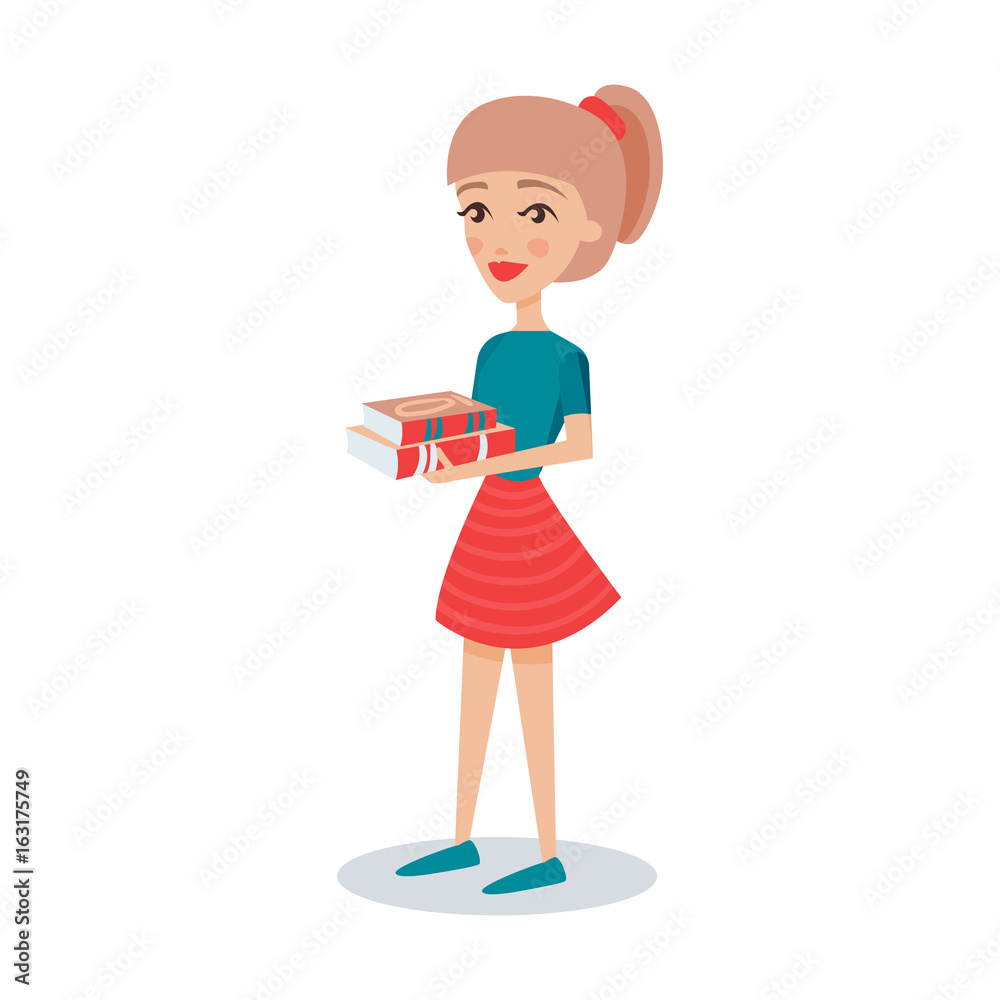 Pretty student girl standing and holding books in her hands cartoon character vector Illustration Pretty student girl standing and holding books in her hands cartoon character vector Illustration