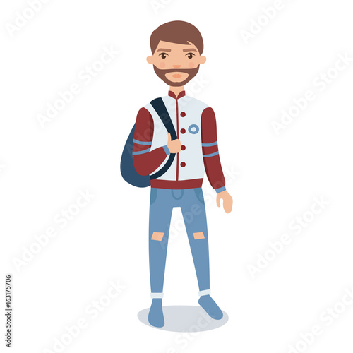 Bearded young man wearing baseball jacket standing with backpack cartoon character vector Illustration