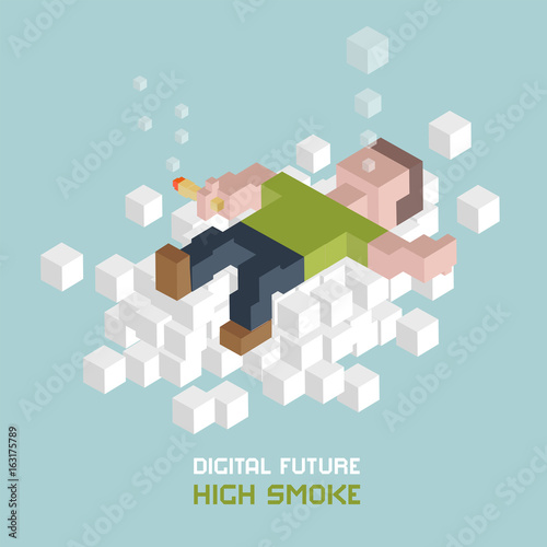 Smoking marijuana relaxation on cloud. Man with mj joint. Recreational, medical cannabis use. High smoke. Cubes composition isometric vector illustration